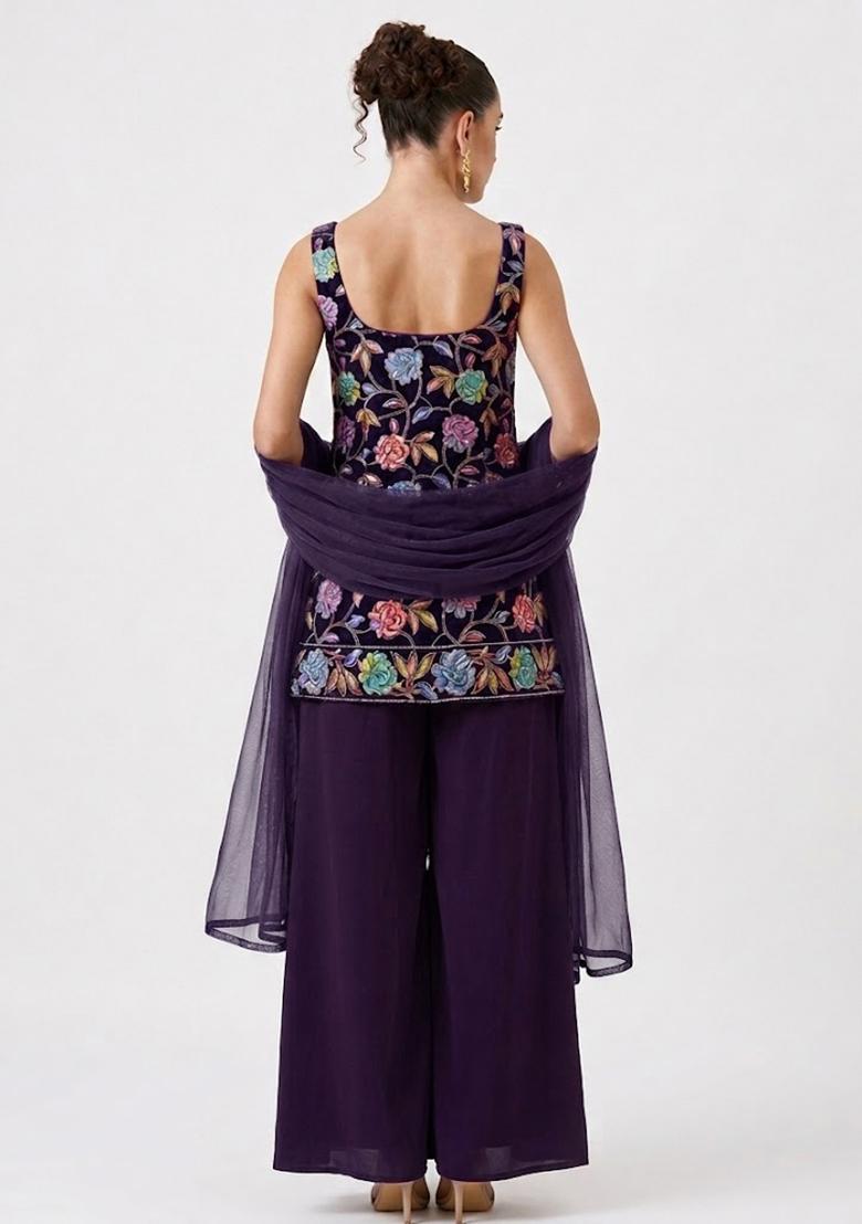 Royal Blue Sequin Crepe Sharara Set - Indya