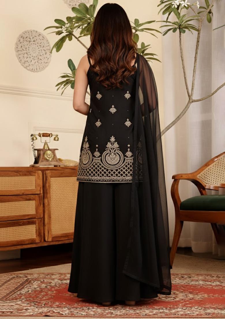 Black Embroidered Crepe Sharara Set - Indya