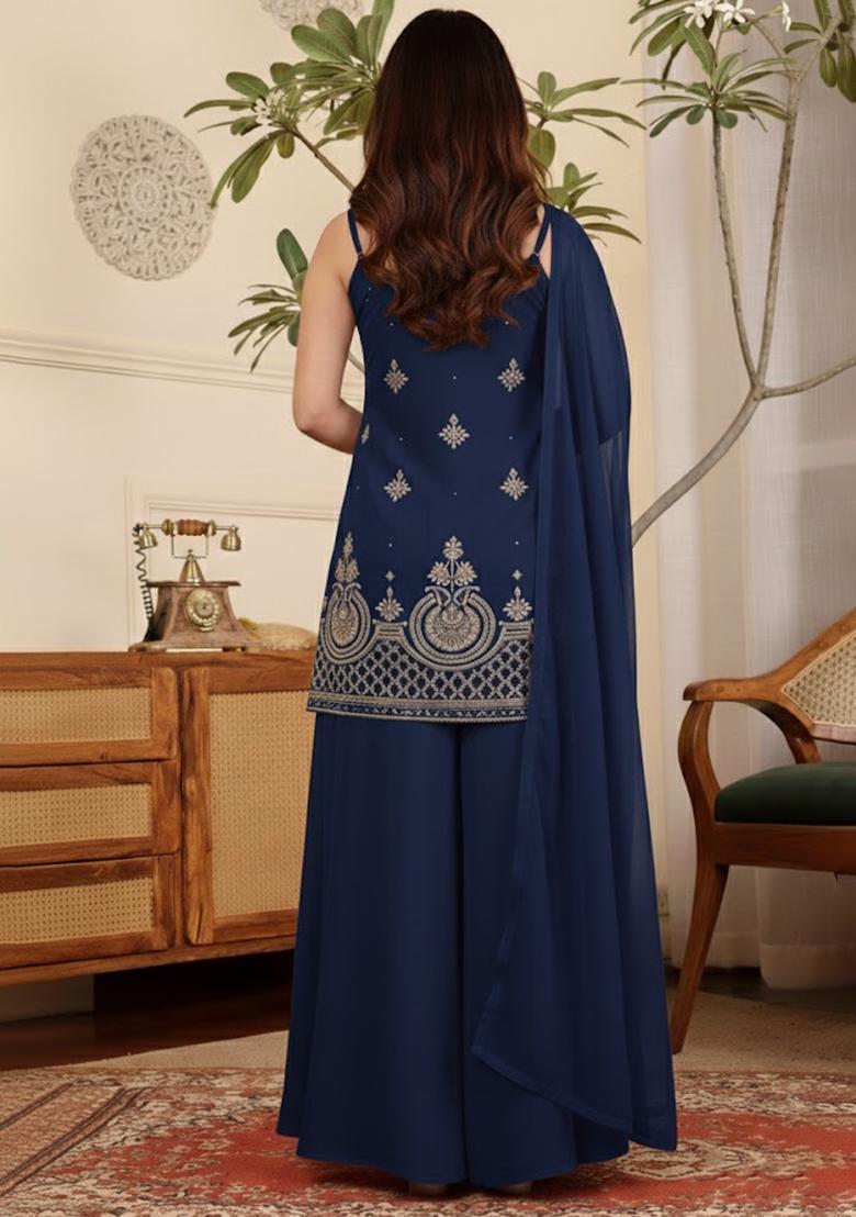 Blue Embroidered Crepe Sharara Set - Indya