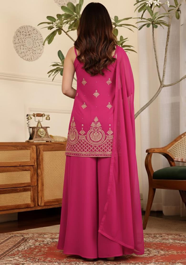 Pink Embroidered Crepe Sharara Set - Indya