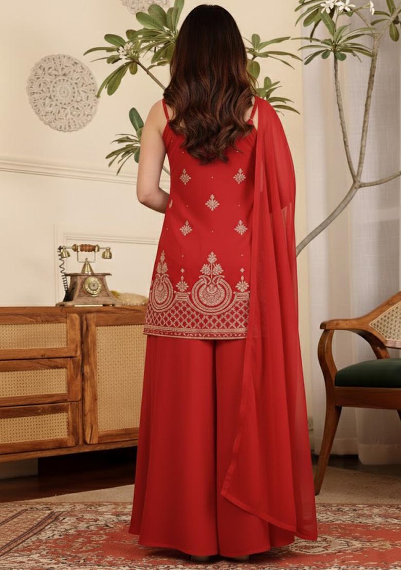 Red Embroidered Crepe Sharara Set - Indya