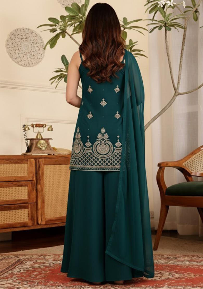 Teal Embroidered Crepe Sharara Set - Indya