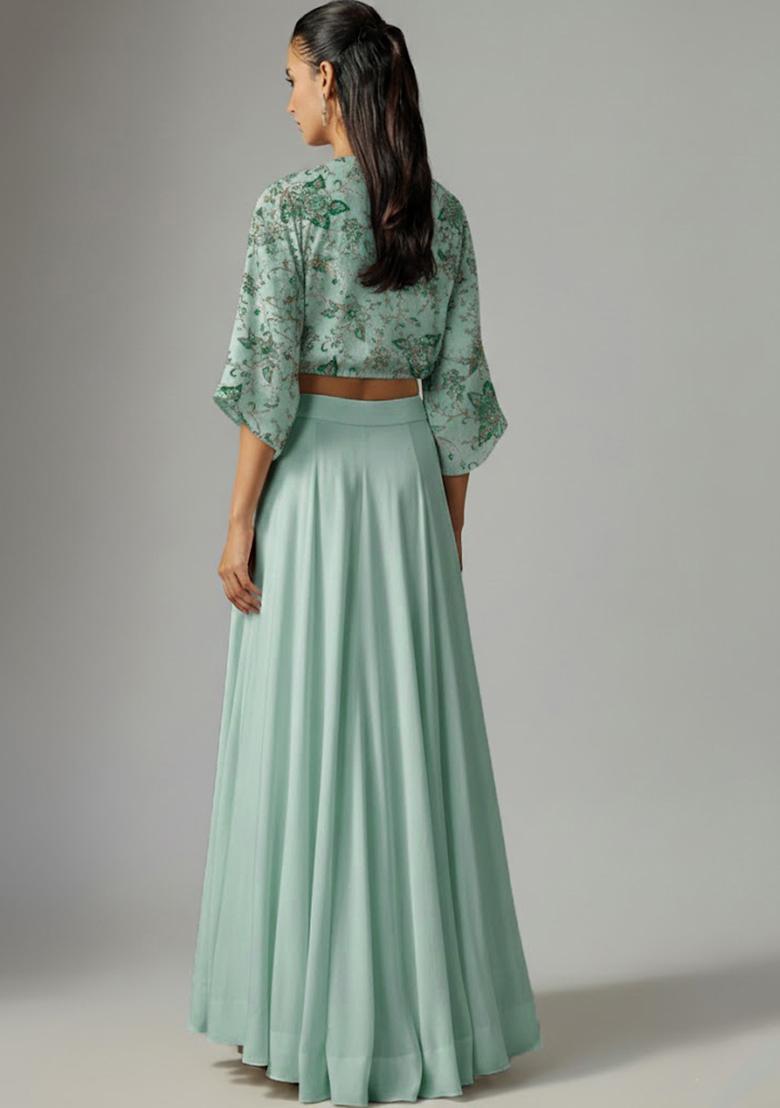 Mint Green Embroidered Crepe Fusion Set - Indya