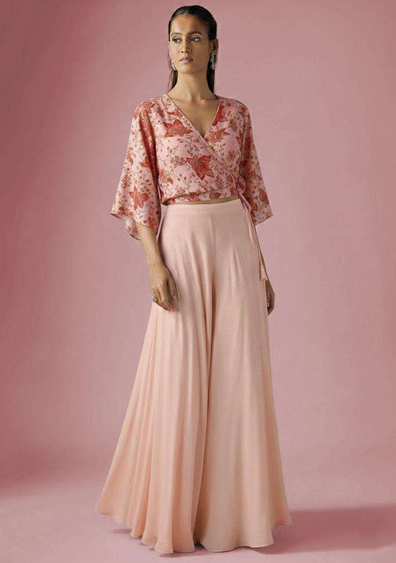 Soft Peach Embroidered Crepe Fusion Set - Indya