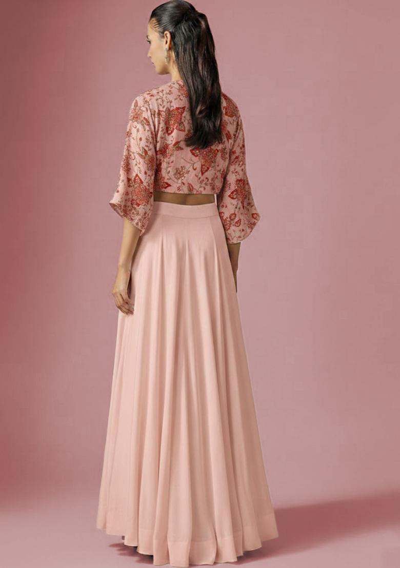 Soft Peach Embroidered Crepe Fusion Set - Indya