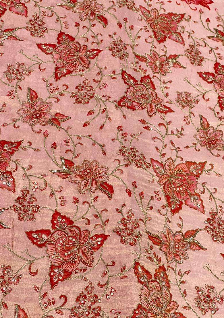 Soft Peach Embroidered Crepe Fusion Set - Indya