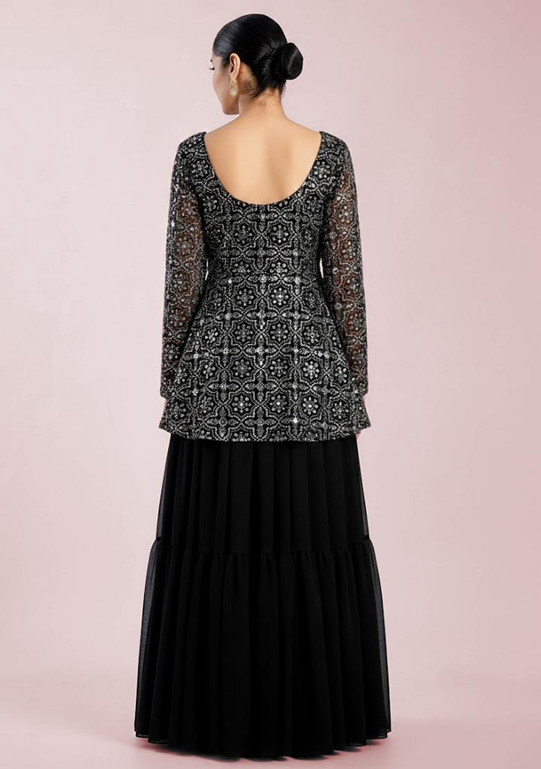 Black Embroidered Net Sharara Set - Indya