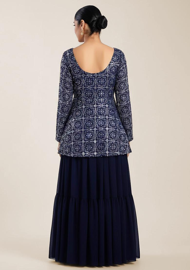 Blue Embroidered Net Sharara Set - Indya