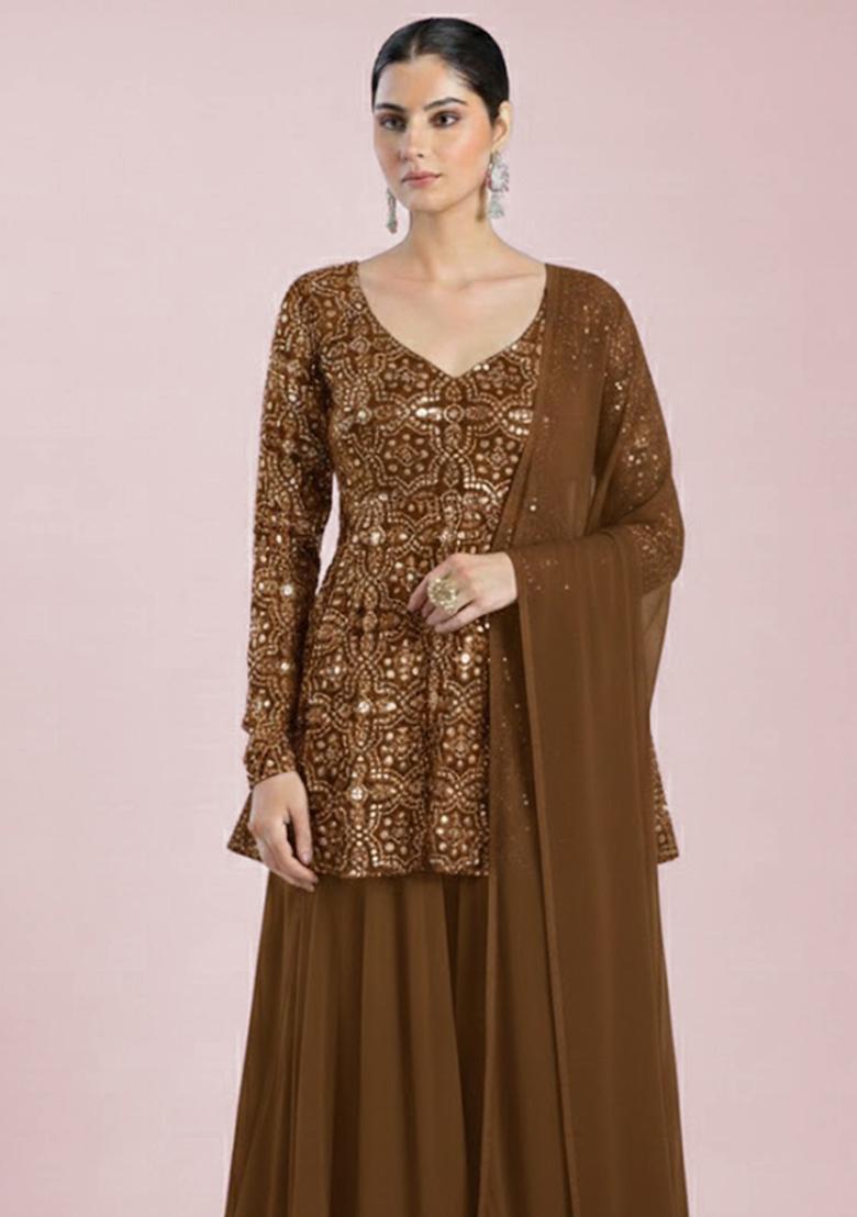 Brown Embroidered Net Sharara Set - Indya