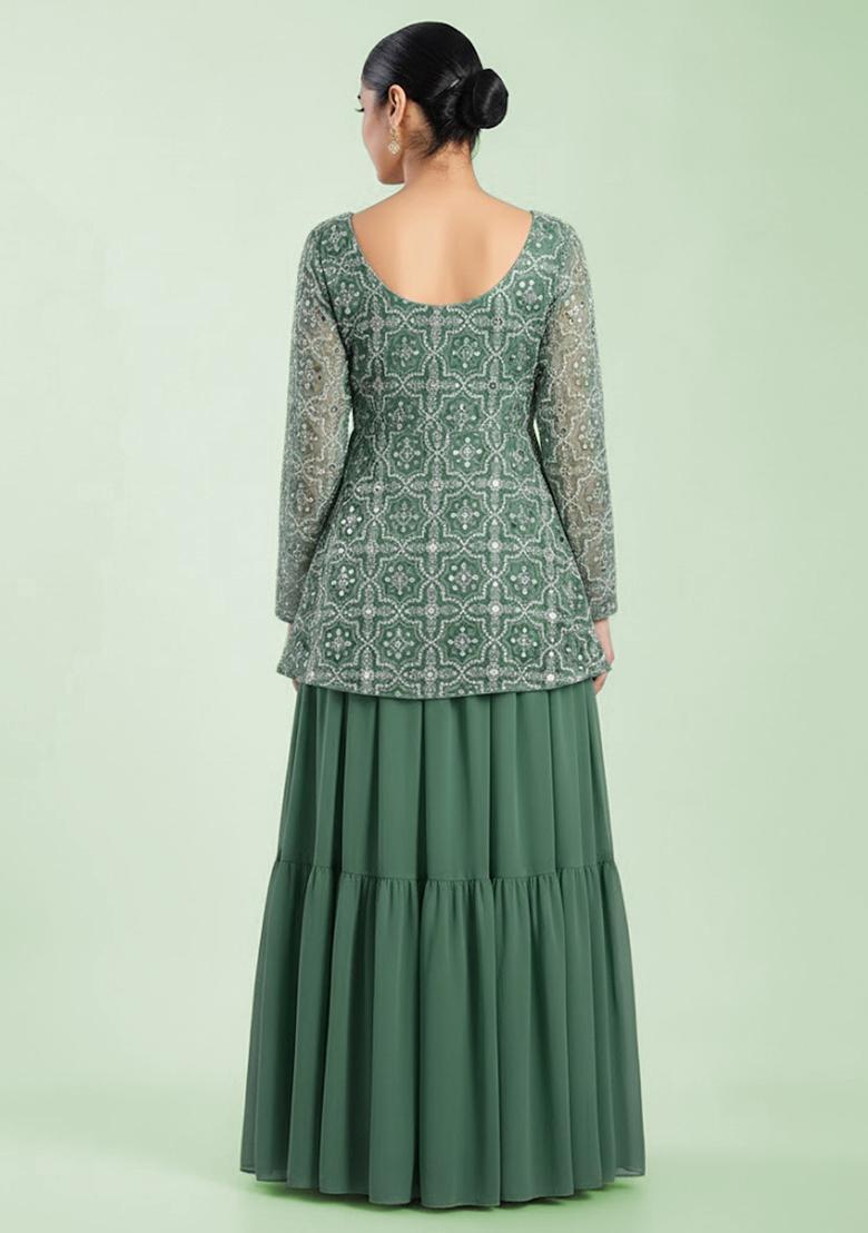 Teal Embroidered Net Sharara Set - Indya