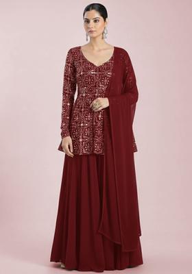 Red Embroidered Net Sharara Set