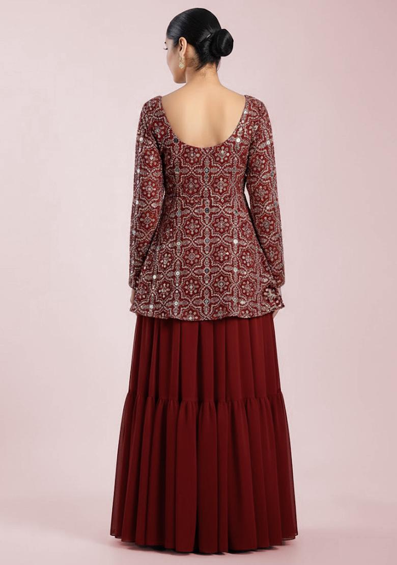 Red Embroidered Net Sharara Set - Indya