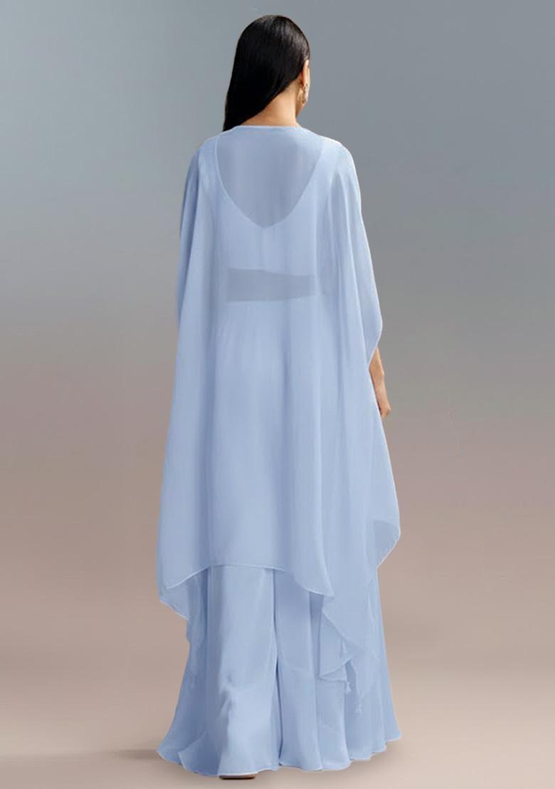 Ice Blue Embroidered Crepe Lehenga Set - Indya
