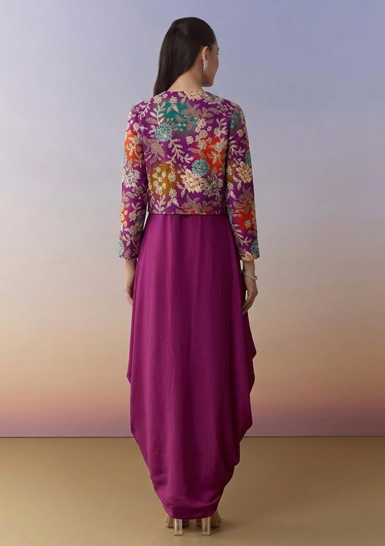 Magenta Sequin Crepe Fusion Set - Indya