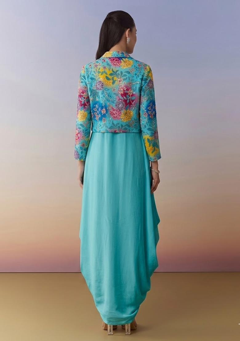 Aqua Blue Sequin Crepe Fusion Set - Indya