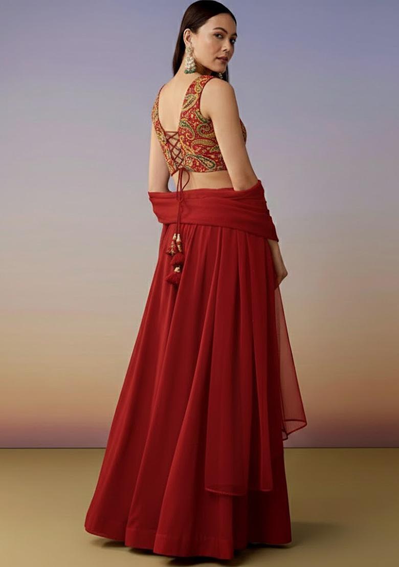 Bright Red Embroidered Crepe Lehenga Set - Indya