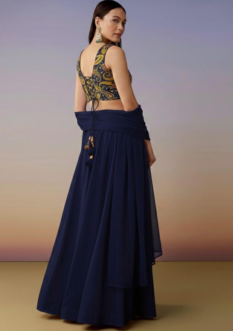 Navy Blue Embroidered Crepe Lehenga Set - Indya