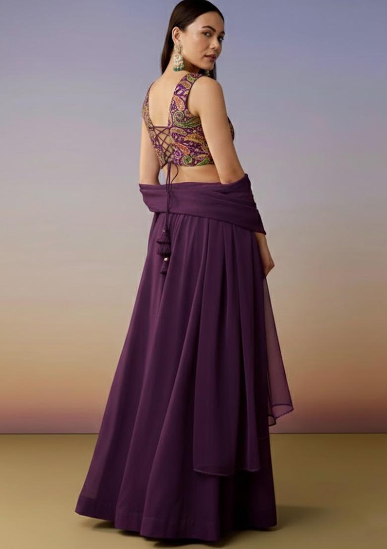 Purple Embroidered Crepe Lehenga Set - Indya