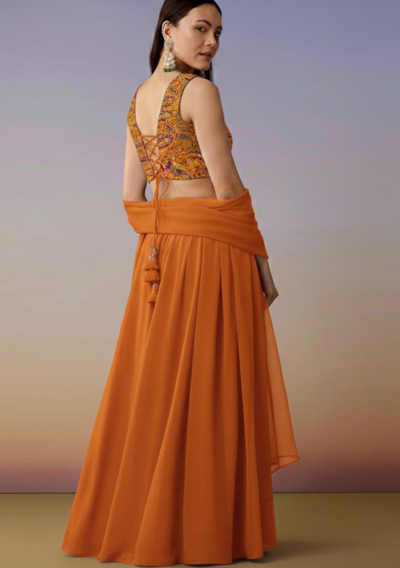 Orange Embroidered Crepe Lehenga Set - Indya