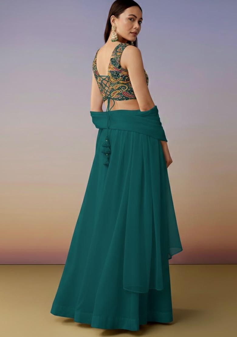 Teal Green Embroidered Crepe Lehenga Set - Indya
