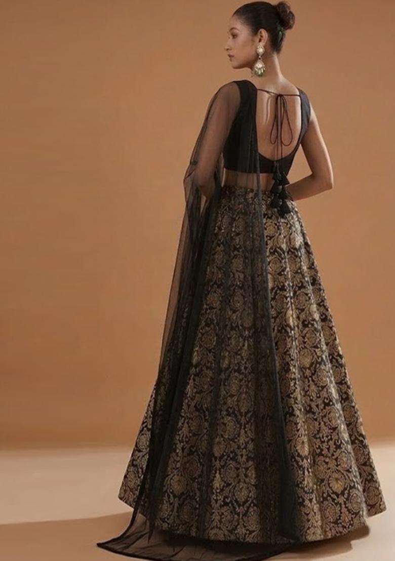 Black Silk Blend Lehenga Set - Indya