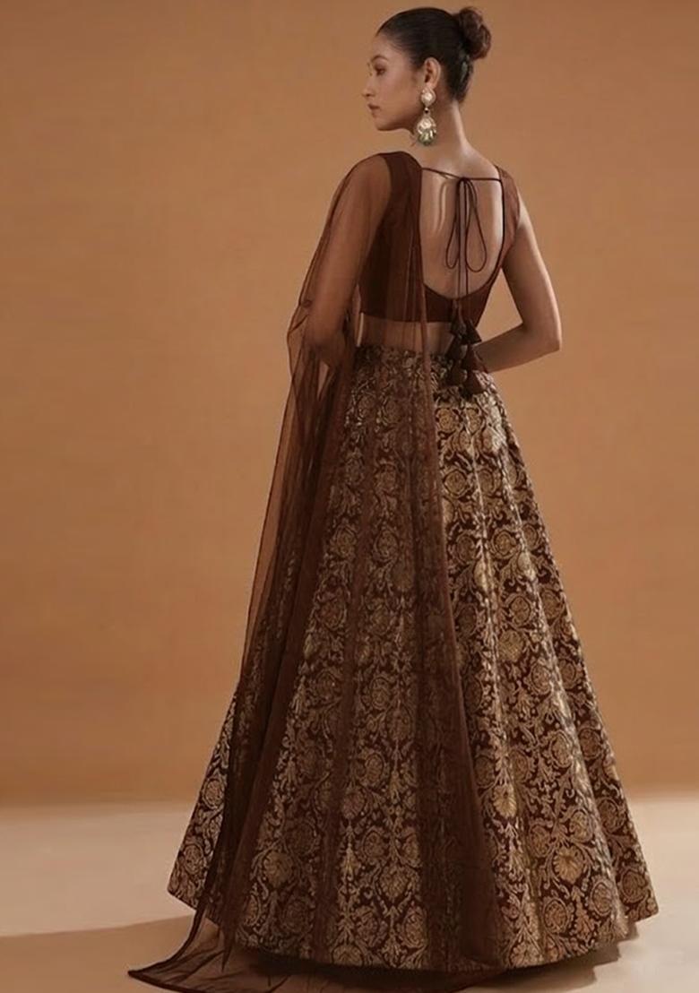 Brown Silk Blend Lehenga Set - Indya