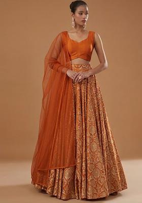 Orange Silk Blend Lehenga Set