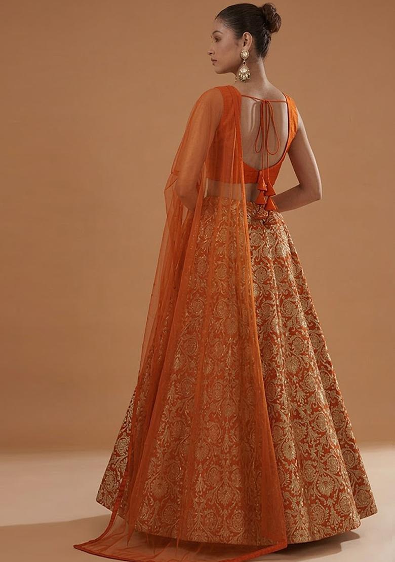 Orange Silk Blend Lehenga Set - Indya