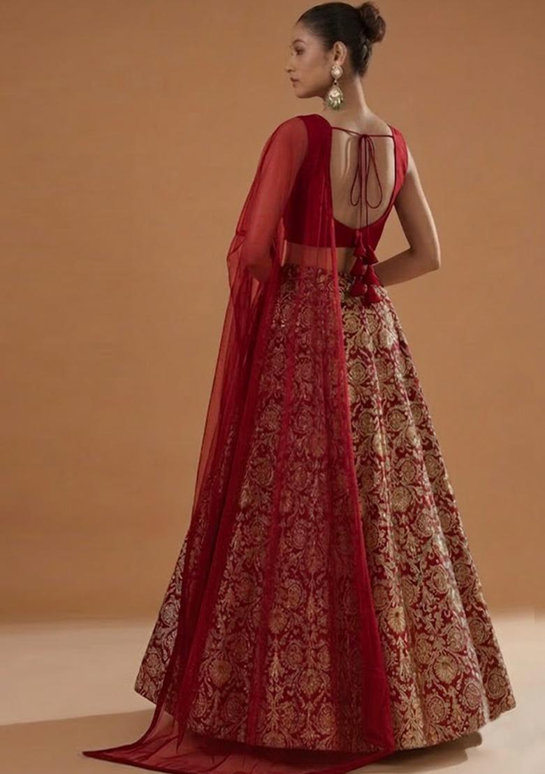 Red Silk Blend Lehenga Set - Indya