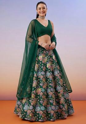 Dark Green Floral Print Chinon Lehenga Set