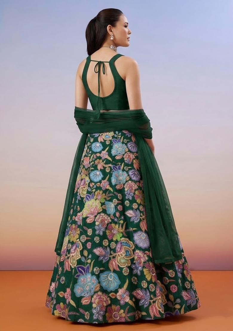 Dark Green Floral Print Chinon Lehenga Set - Indya