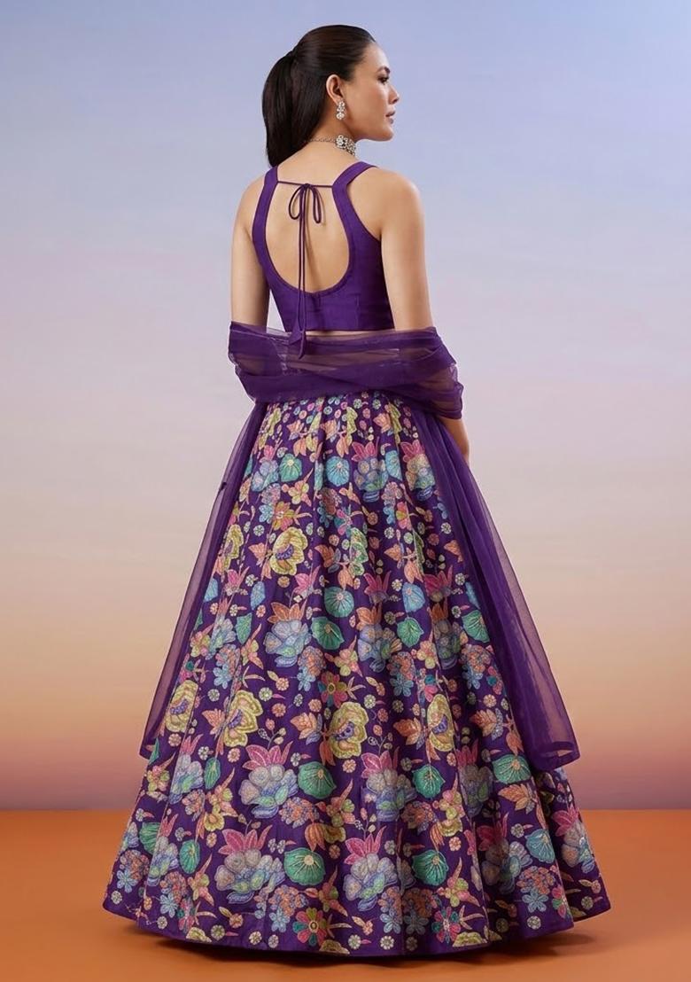 Royal Purple Floral Print Chinon Lehenga Set - Indya