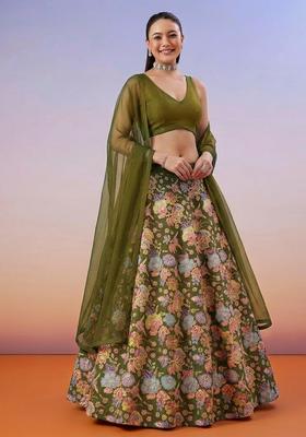 Olive Green Floral Print Chinon Lehenga Set