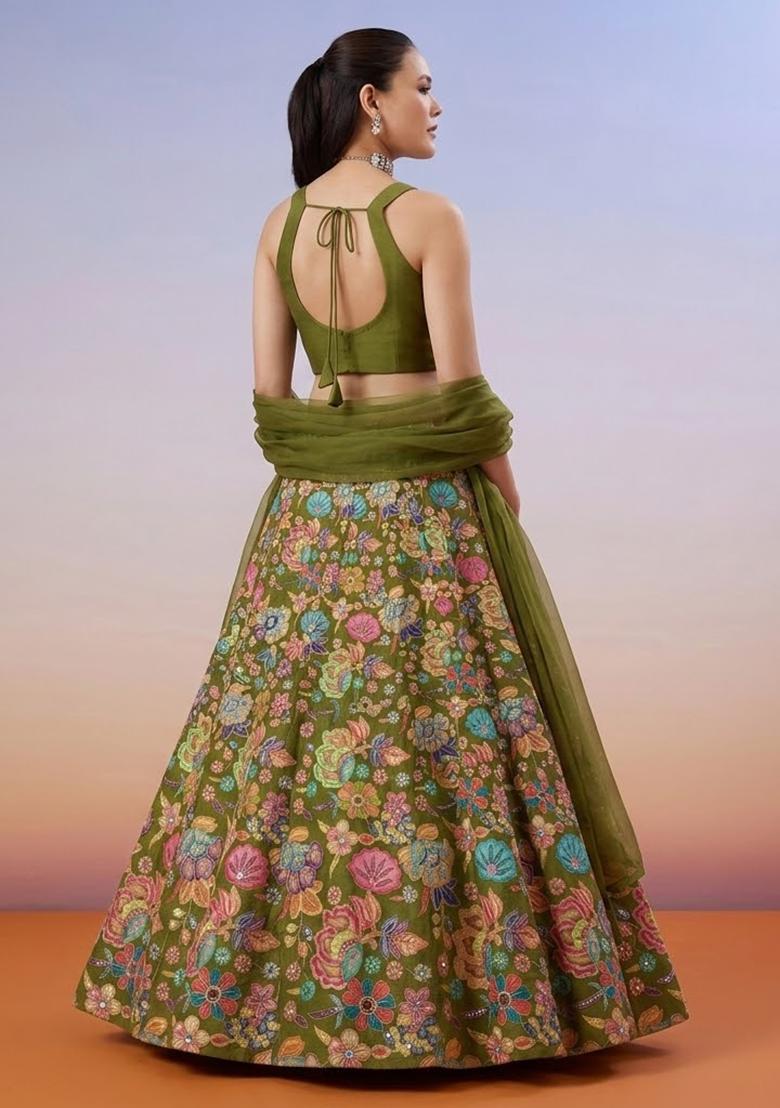 Olive Green Floral Print Chinon Lehenga Set - Indya