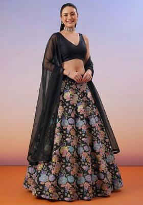 Black Floral Print Chinon Lehenga Set