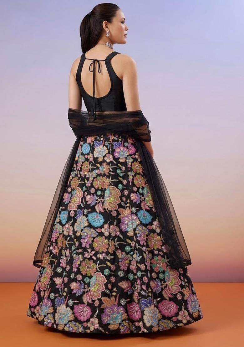 Black Floral Print Chinon Lehenga Set - Indya