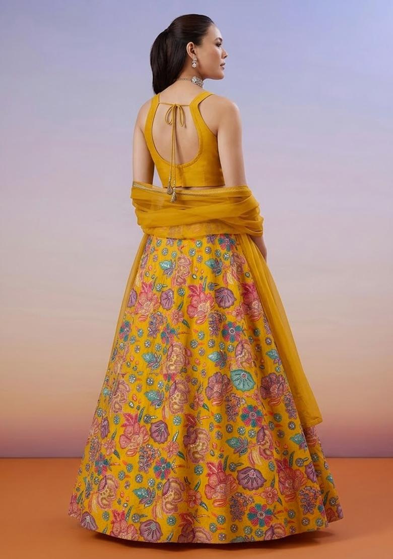 Mustard Floral Print Chinon Lehenga Set - Indya