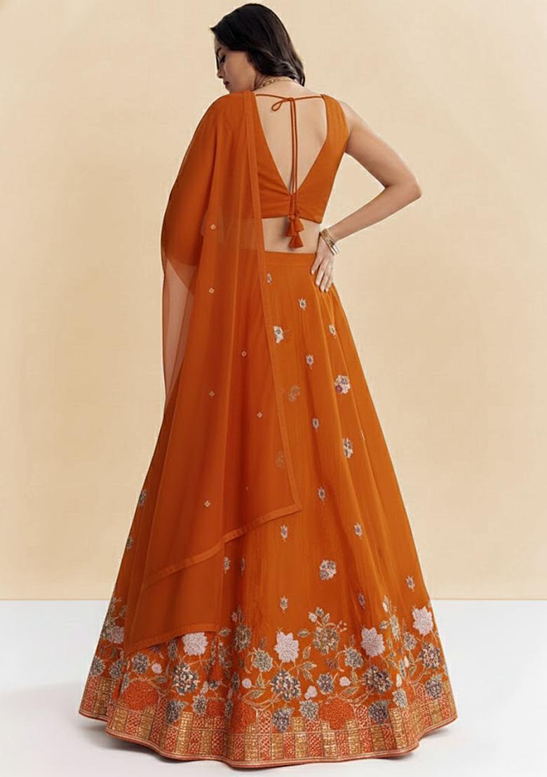 Orange Embroidered Tissue Lehenga Set - Indya