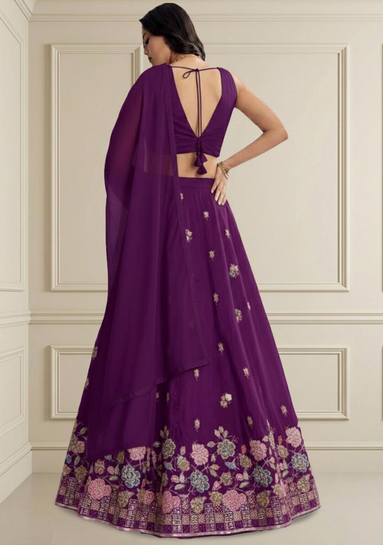 Purple Embroidered Tissue Lehenga Set - Indya