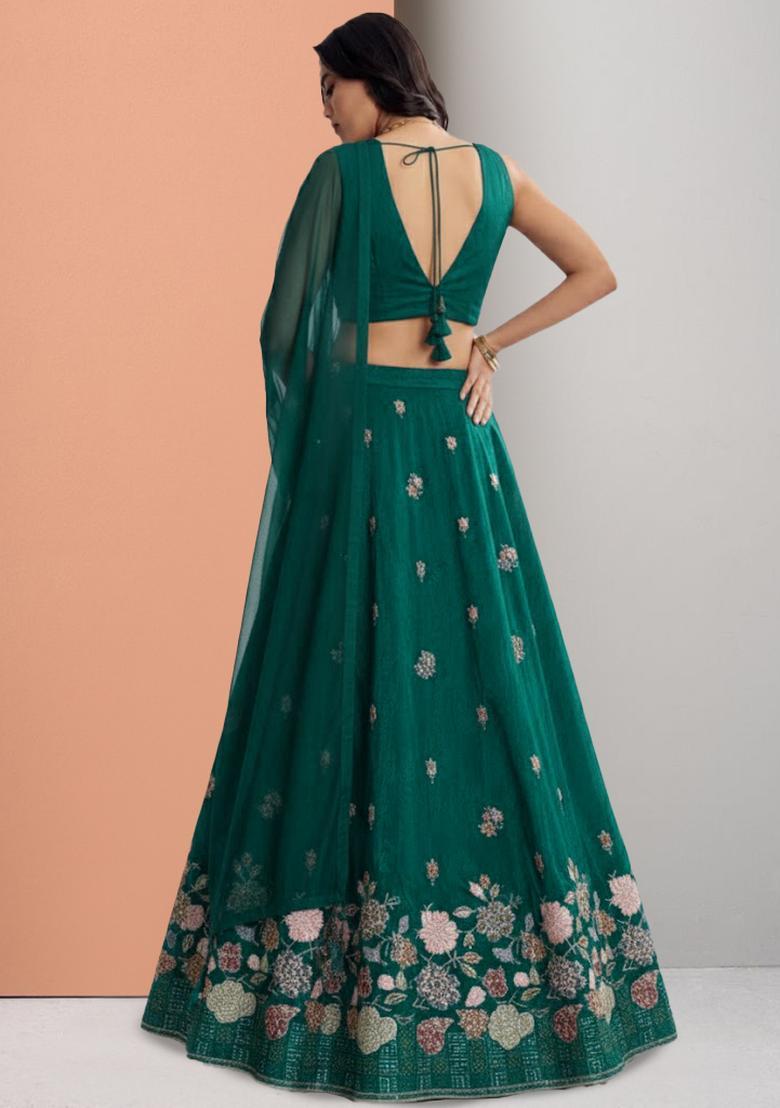 Teal Embroidered Tissue Lehenga Set - Indya