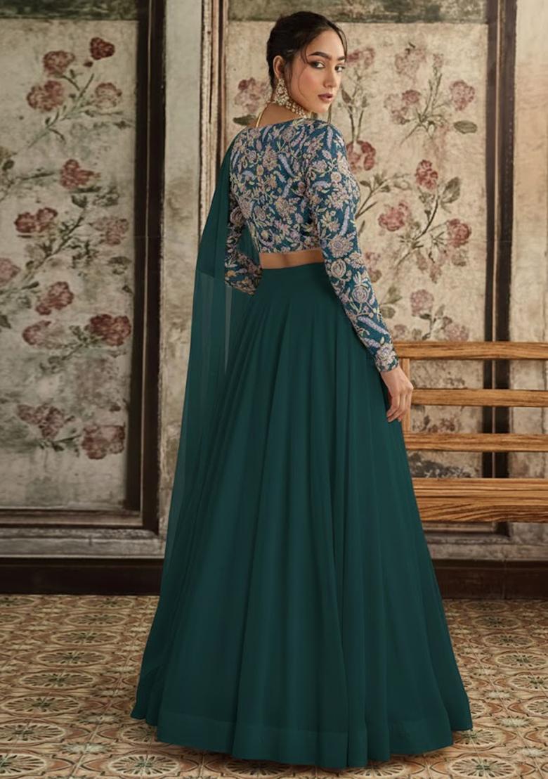 Teal Green Embroidered Crepe Lehenga Set - Indya