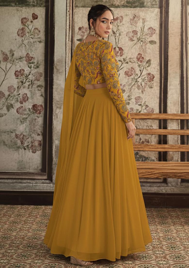Mustard Embroidered Crepe Lehenga Set - Indya