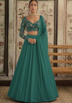 Teal Green Embroidered Crepe Lehenga Set
