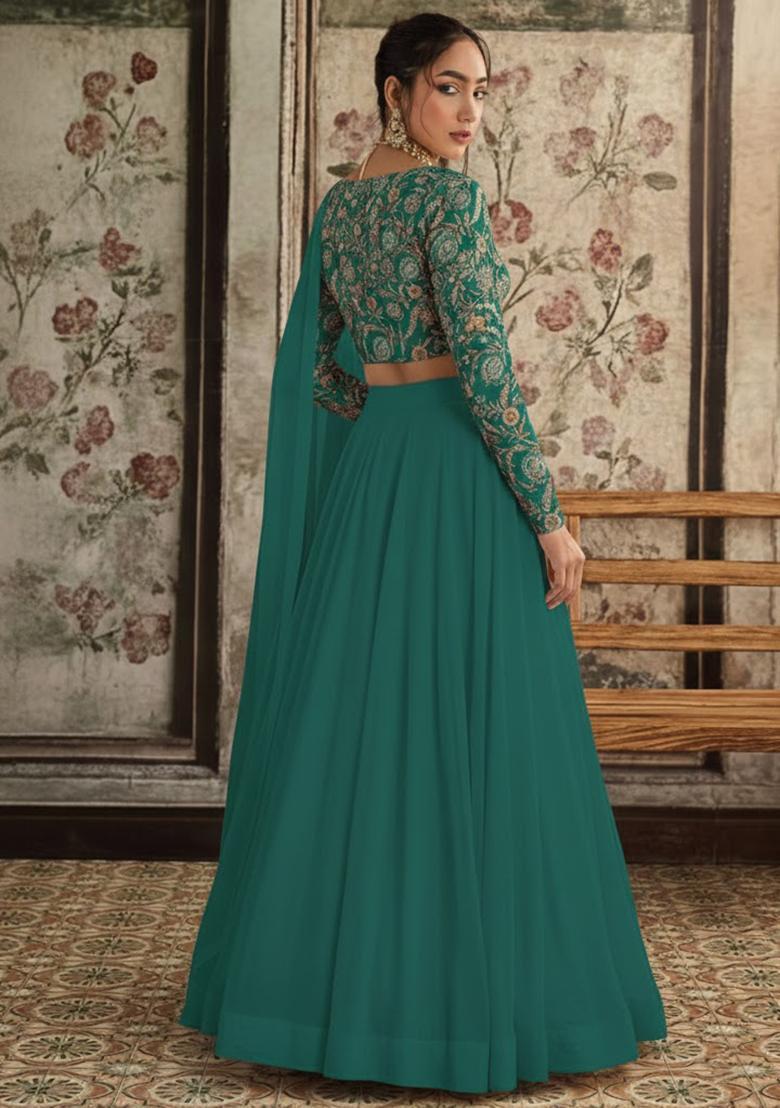Teal Green Embroidered Crepe Lehenga Set - Indya