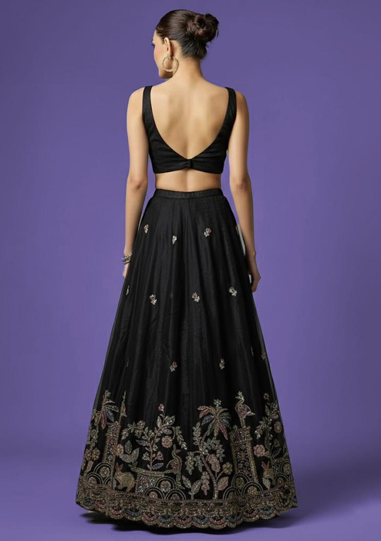 Black Embellished Crepe Lehenga Set - Indya