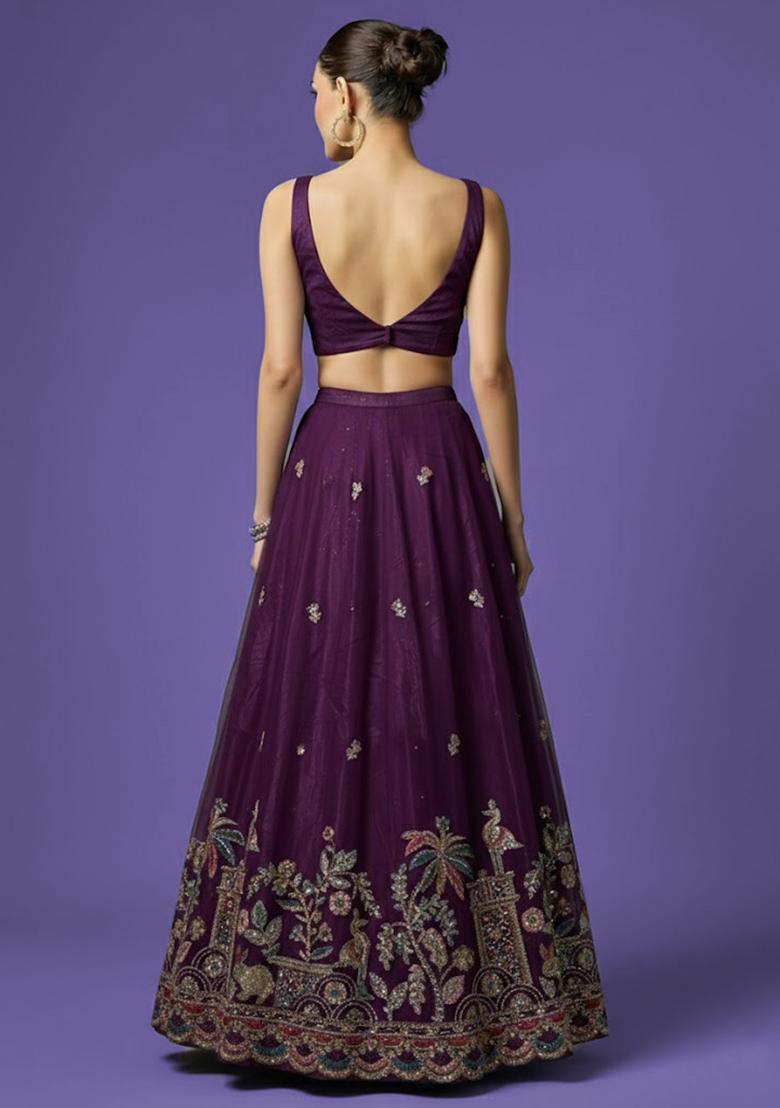 Purple Embellished Crepe Lehenga Set - Indya