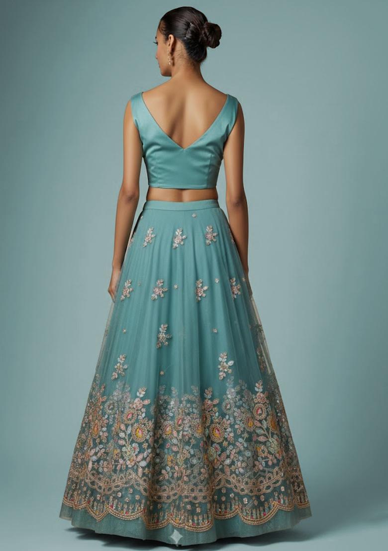 Sea Green Sequin Chiffon Lehenga Set - Indya
