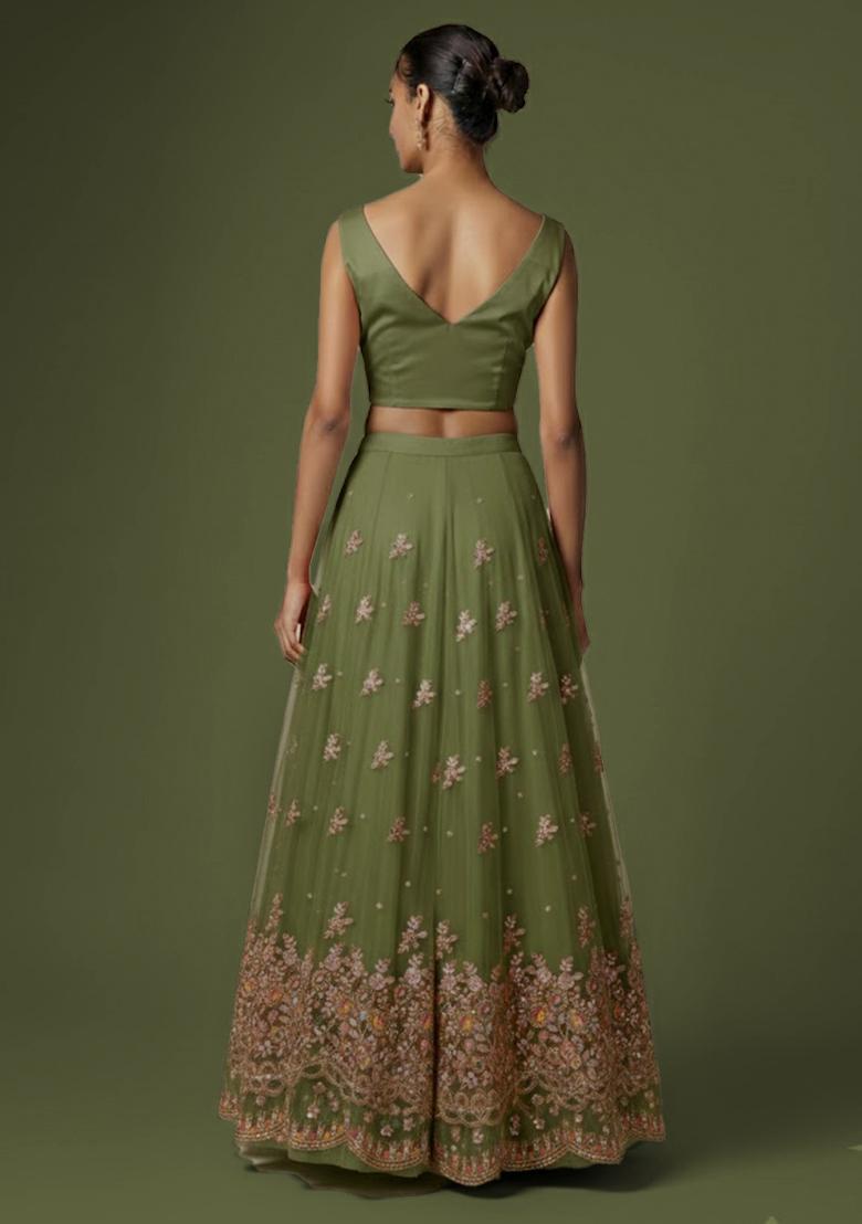 Olive Green Sequin Chiffon Lehenga Set - Indya