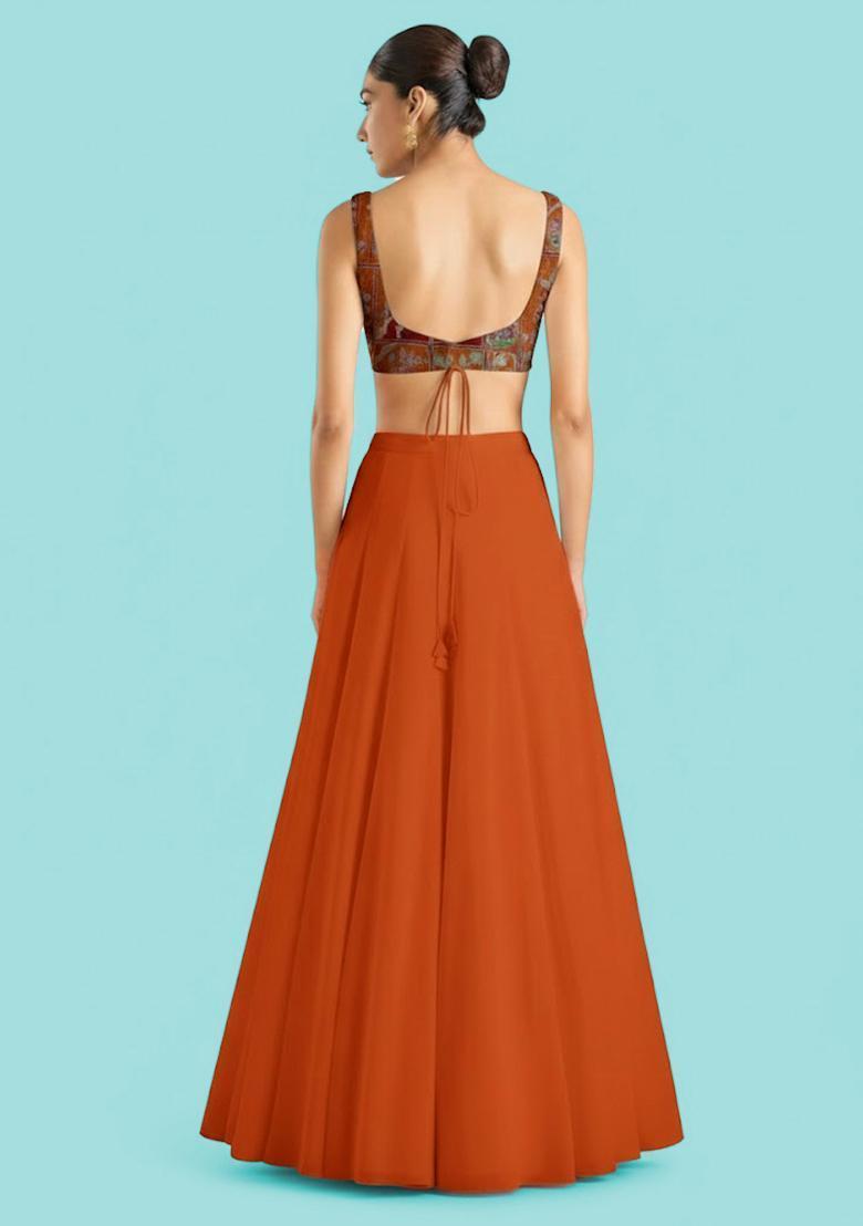 Burnt Orange Figure Print Crepe Lehenga Set - Indya