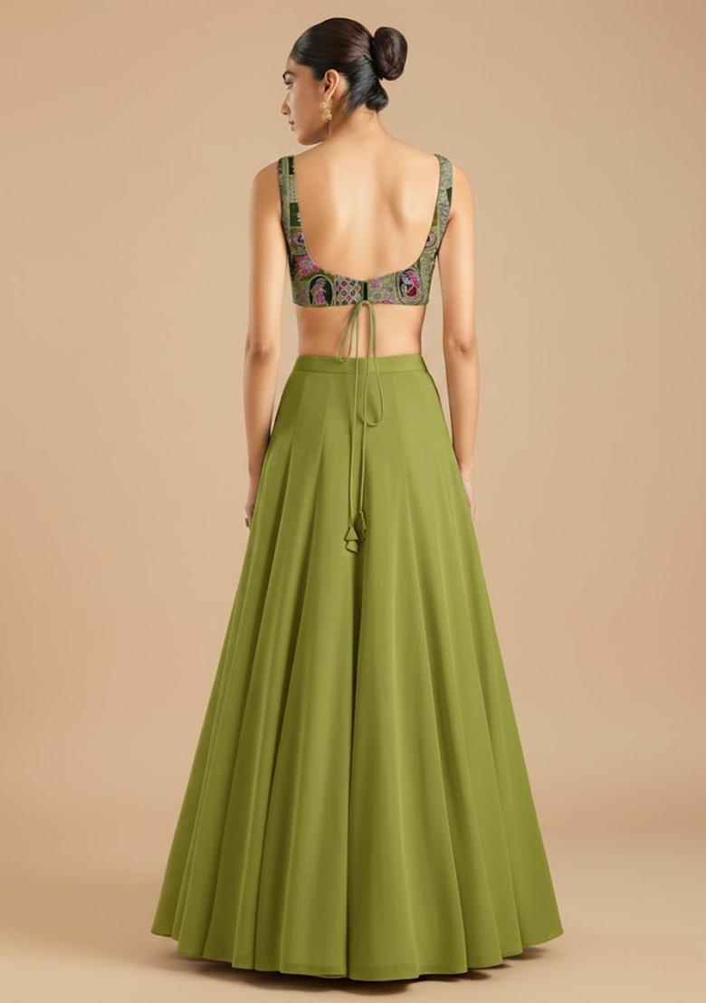 Olive Green Figure Print Crepe Lehenga Set - Indya